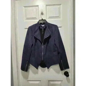 Solitaire Moto Jacket Womens MEDIUM Navy Blue Faux‎ Suede Full Zip Lux NWOT